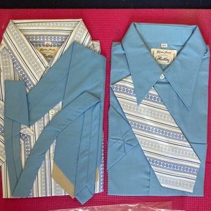 NWT Vintage 70s men’s shirt set, 2 shirts and 2 ties, blue/blue print